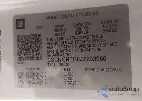 2018 Chevrolet Silverado 1500 Wt z USA, uszkodzony, nr VIN 1GCNCNEC0JZ293960